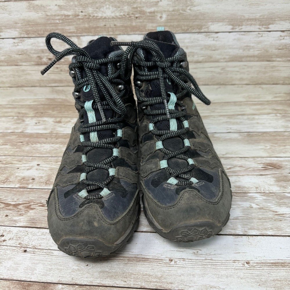 Merrell Mid Black Adventure Black Outdoor Trail Hiking Boots Women's 7.5 Green - Picture 2 of 8